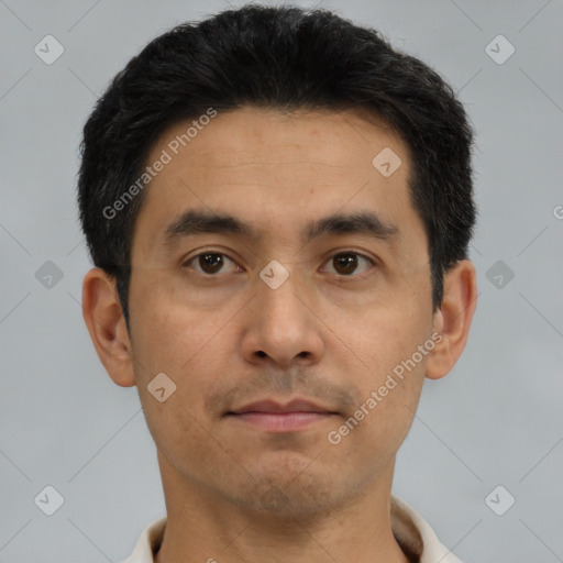 Neutral asian young-adult male with short  black hair and brown eyes