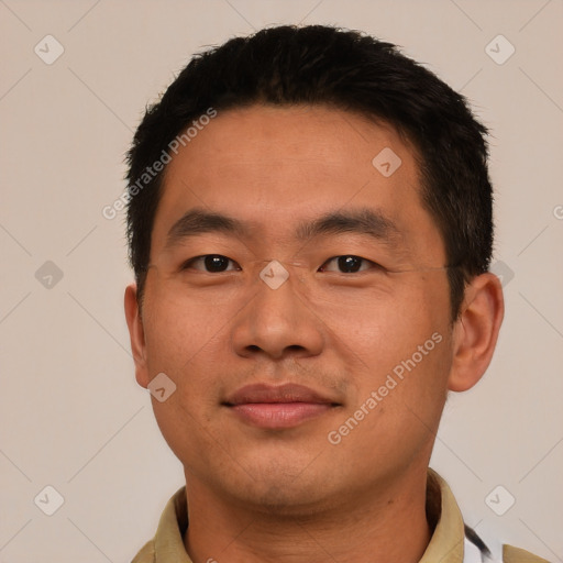 Neutral asian young-adult male with short  black hair and brown eyes