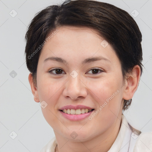 Joyful white young-adult female with medium  brown hair and brown eyes