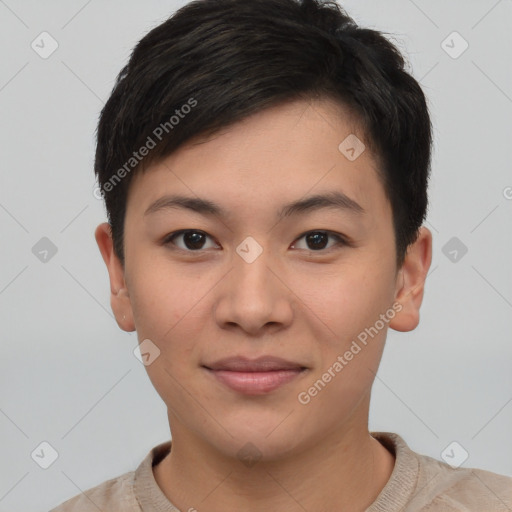 Joyful asian young-adult female with short  black hair and brown eyes