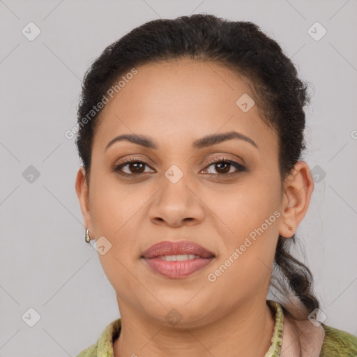 Joyful latino young-adult female with short  brown hair and brown eyes