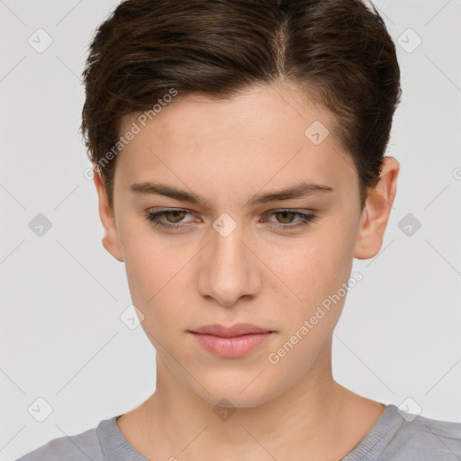 Neutral white young-adult female with short  brown hair and brown eyes