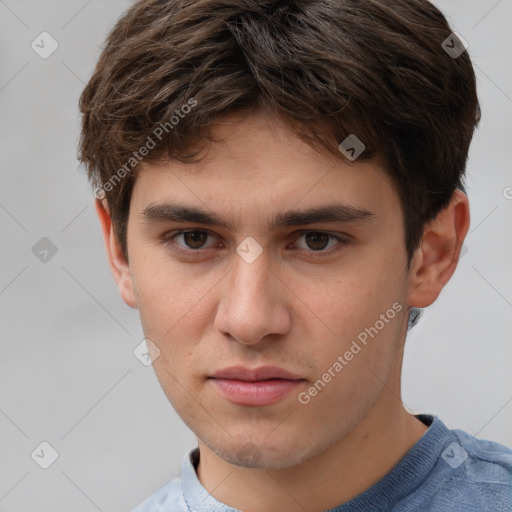 Neutral white young-adult male with short  brown hair and brown eyes