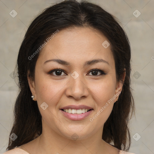 Joyful white young-adult female with medium  brown hair and brown eyes