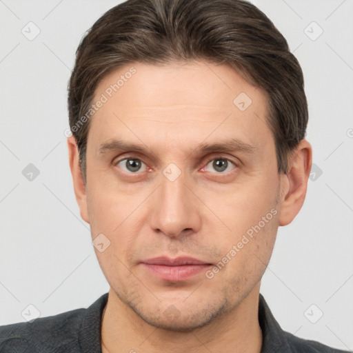 Neutral white adult male with short  brown hair and brown eyes