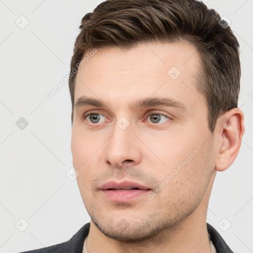 Neutral white young-adult male with short  brown hair and brown eyes