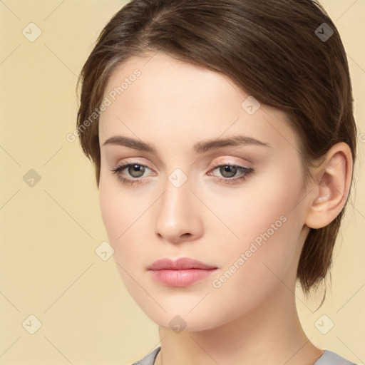 Neutral white young-adult female with medium  brown hair and brown eyes