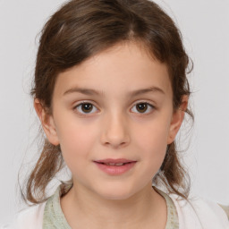 Joyful white child female with medium  brown hair and brown eyes