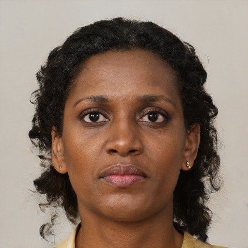 Neutral black young-adult female with medium  black hair and brown eyes