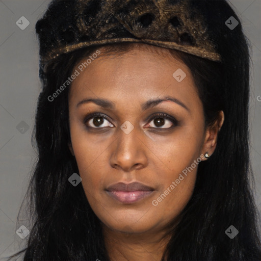 Neutral black young-adult female with long  black hair and brown eyes