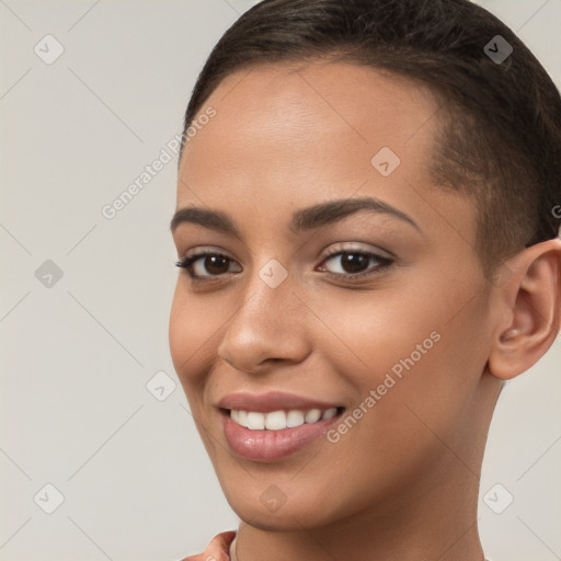 Joyful white young-adult female with short  brown hair and brown eyes