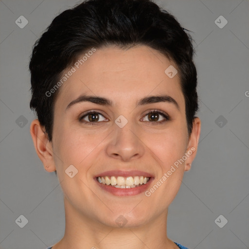 Joyful white young-adult female with short  brown hair and brown eyes