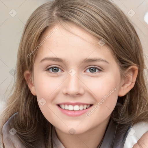 Joyful white child female with medium  brown hair and grey eyes