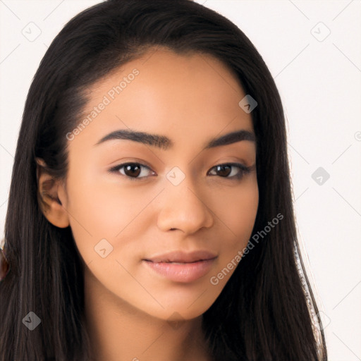 Neutral latino young-adult female with long  brown hair and brown eyes