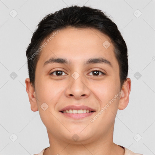 Joyful white young-adult male with short  brown hair and brown eyes