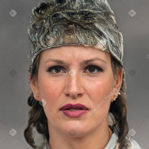 Joyful white adult female with medium  brown hair and grey eyes