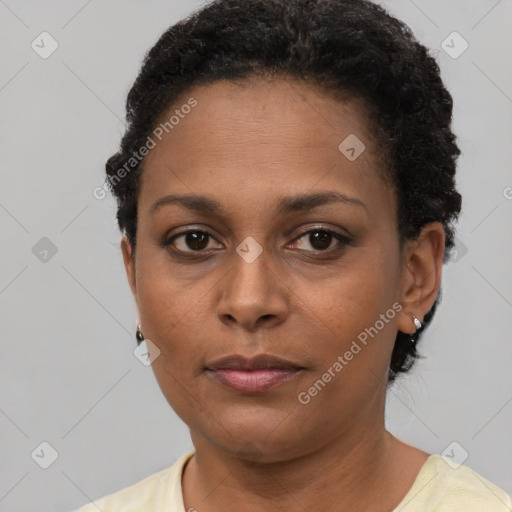 Neutral black young-adult female with short  brown hair and brown eyes