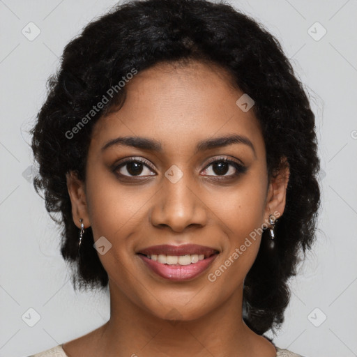 Joyful black young-adult female with medium  black hair and brown eyes