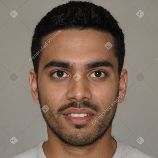 Neutral latino young-adult male with short  black hair and brown eyes