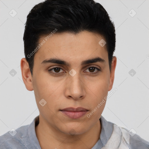 Neutral asian young-adult male with short  brown hair and brown eyes