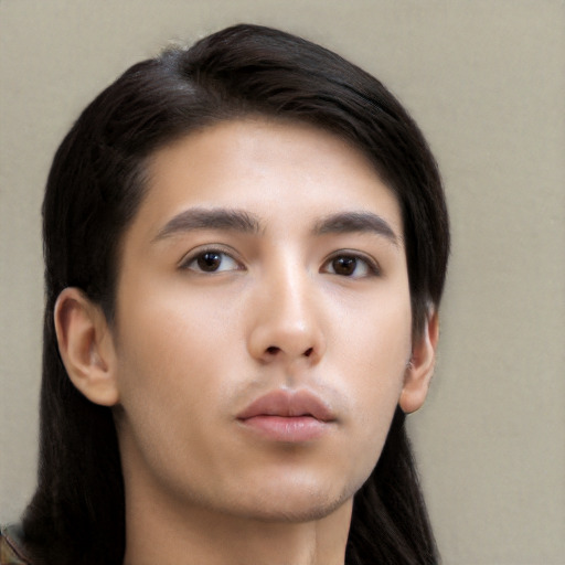 Neutral asian young-adult male with long  black hair and brown eyes