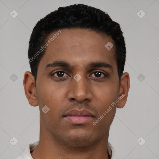 Neutral latino young-adult male with short  black hair and brown eyes