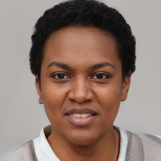Joyful black young-adult female with short  black hair and brown eyes