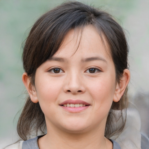Joyful white child female with medium  brown hair and brown eyes