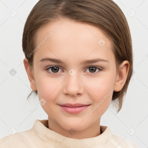 Joyful white child female with medium  brown hair and brown eyes