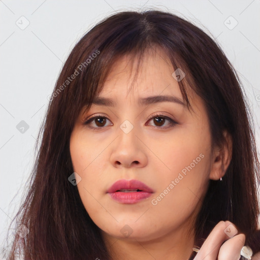 Neutral asian young-adult female with long  brown hair and brown eyes