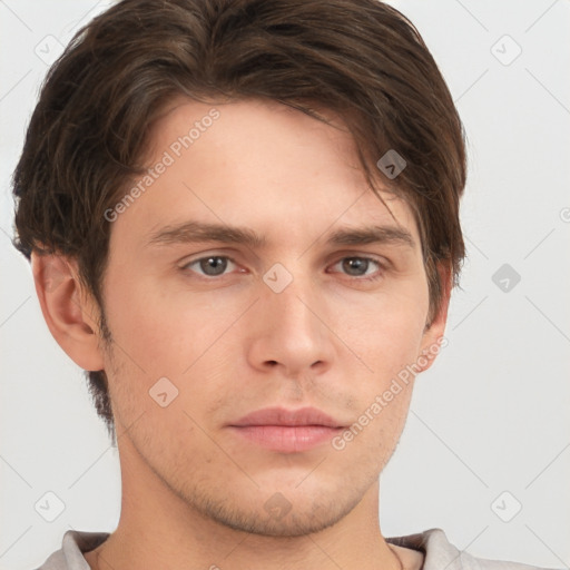 Neutral white young-adult male with short  brown hair and brown eyes