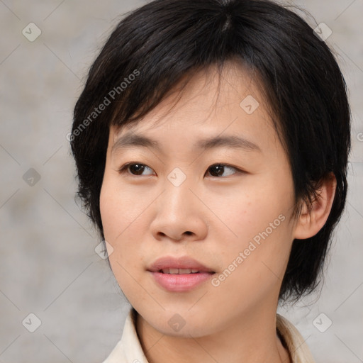 Neutral asian young-adult female with medium  brown hair and brown eyes