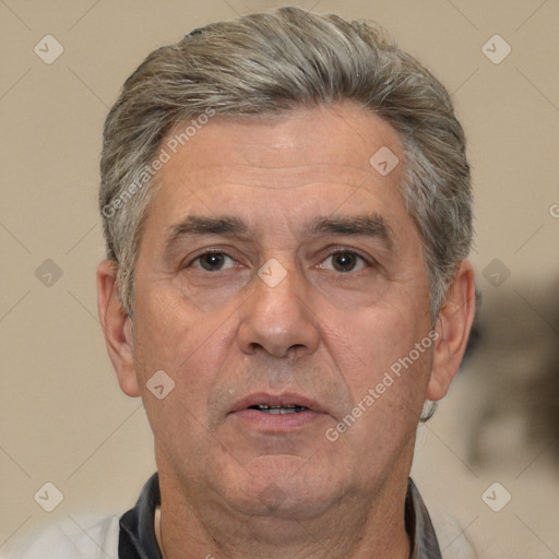 Neutral white middle-aged male with short  gray hair and brown eyes