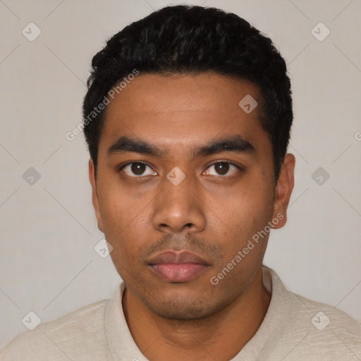 Neutral latino young-adult male with short  black hair and brown eyes