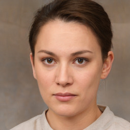 Neutral white young-adult female with short  brown hair and brown eyes