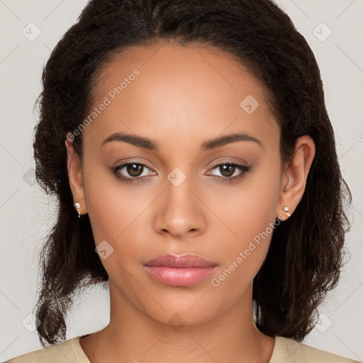 Neutral latino young-adult female with long  brown hair and brown eyes