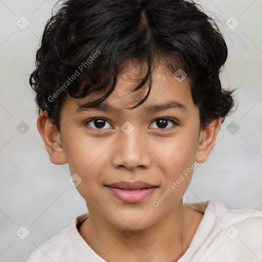 Joyful white child female with short  brown hair and brown eyes