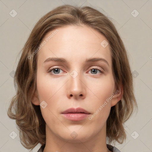 Neutral white young-adult female with medium  brown hair and grey eyes