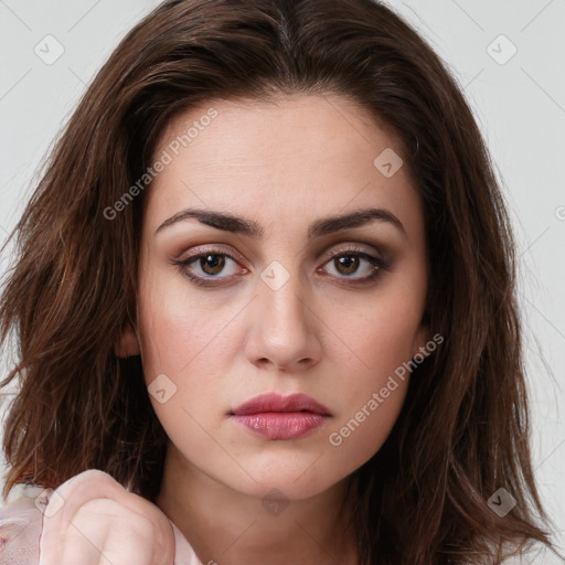 Neutral white young-adult female with long  brown hair and brown eyes