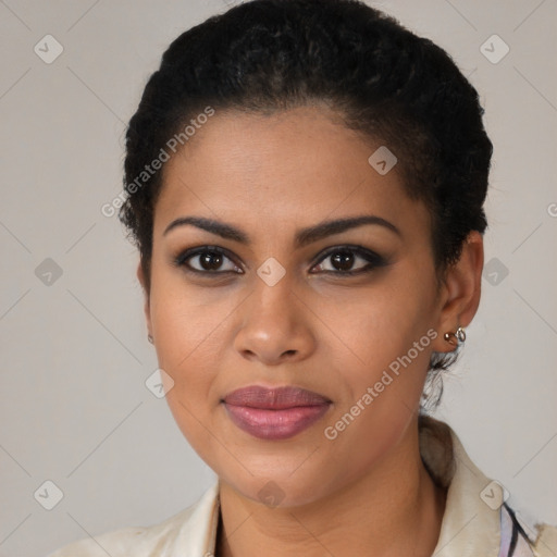 Joyful latino young-adult female with short  brown hair and brown eyes