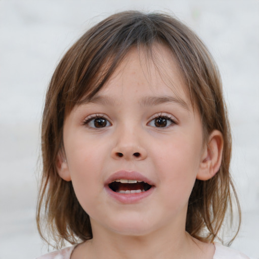 Joyful white child female with medium  brown hair and brown eyes