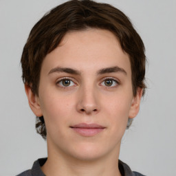 Neutral white young-adult female with short  brown hair and brown eyes