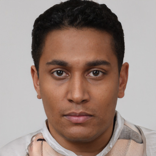 Neutral latino young-adult male with short  black hair and brown eyes