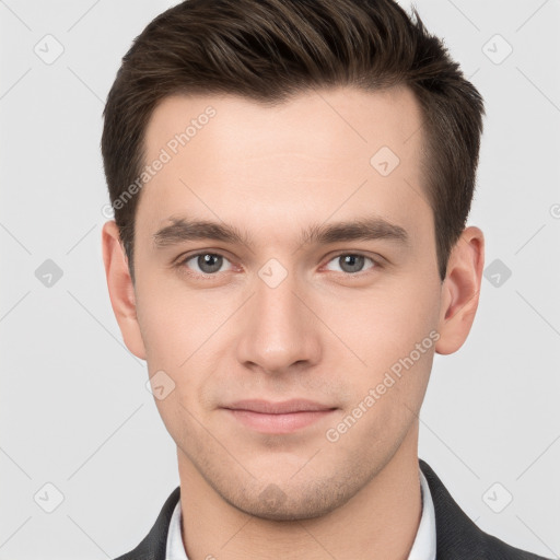 Neutral white young-adult male with short  brown hair and brown eyes