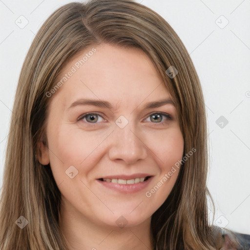 Joyful white young-adult female with long  brown hair and grey eyes