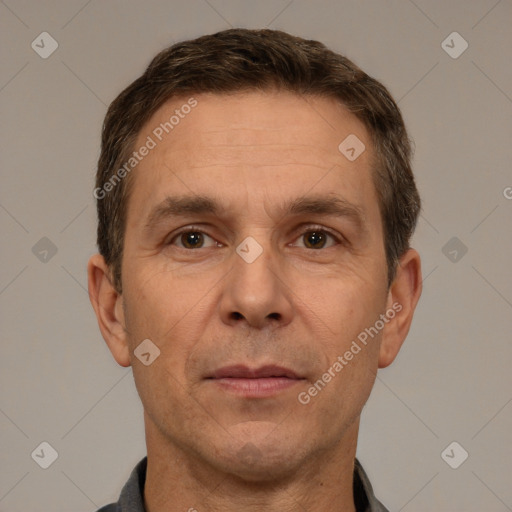 Neutral white adult male with short  brown hair and brown eyes