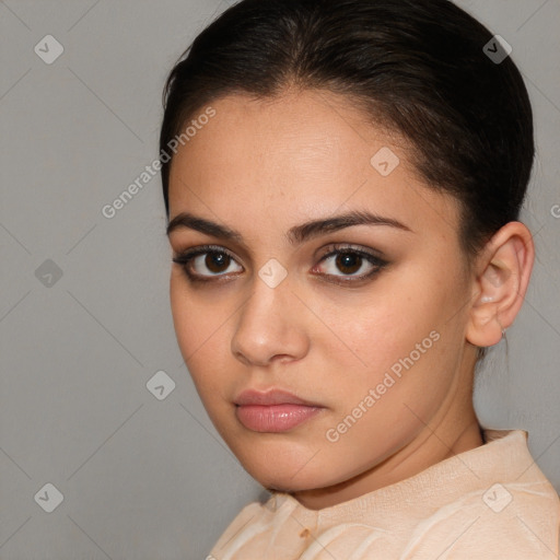 Neutral white young-adult female with short  brown hair and brown eyes