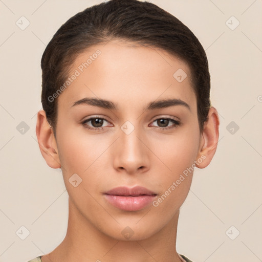 Neutral white young-adult female with short  brown hair and brown eyes