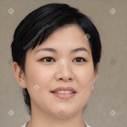 Joyful asian young-adult female with medium  black hair and brown eyes