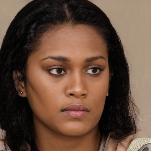 Neutral white young-adult female with long  black hair and brown eyes